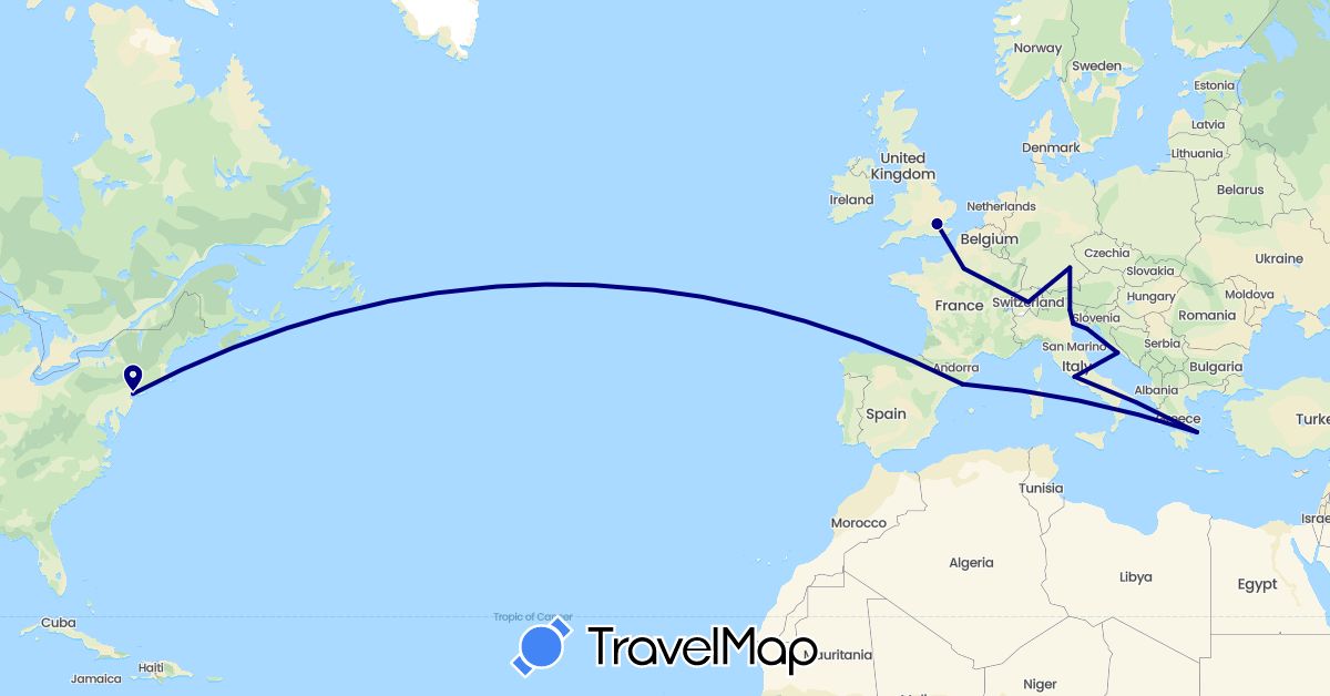 TravelMap itinerary: driving in Switzerland, Germany, Spain, France, United Kingdom, Greece, Croatia, Italy, United States (Europe, North America)